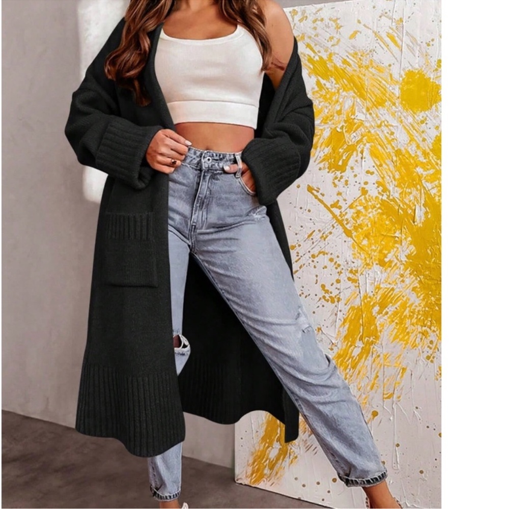 Solid Black Cuff Sleeve Open Front Loose Fit Cardigan S M L XL XXL
